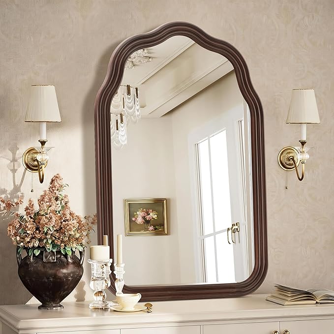 Tanmicoshomy Rustic Wood Bathroom Mirror 20x30 Inch, Arched Wall Mirrors with Tempered Glass for Living Room, Bedroom or Entryway(Dark Brown)