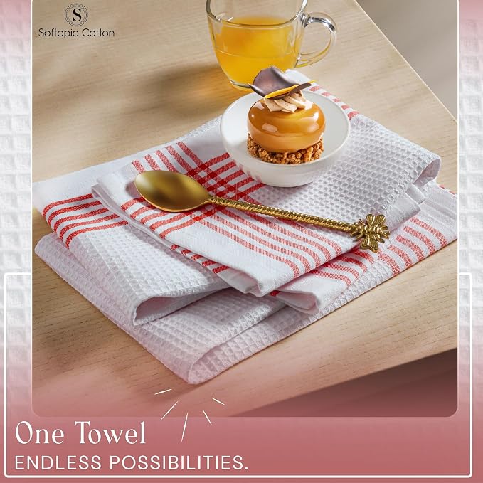 Waffle White & Red Kitchen Dish Towels, Set of 12, 100% Cotton 16x26 inches, Absorbent Tea Towel, Multi-Purpose Hand Cleaning Towel, Strong and Reusable Dish Cloths for Drying Dishes