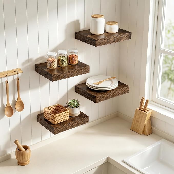 RICHFOCUS 8 Inch Floating Shelves for Wall Small Square Shelves Set for Bedroom|Kitchen|Bathroom|Wall Mounted Rustic Wood Floating Shelf with Invisible Brackets for Books|Storage|Decor, Rustic Brown