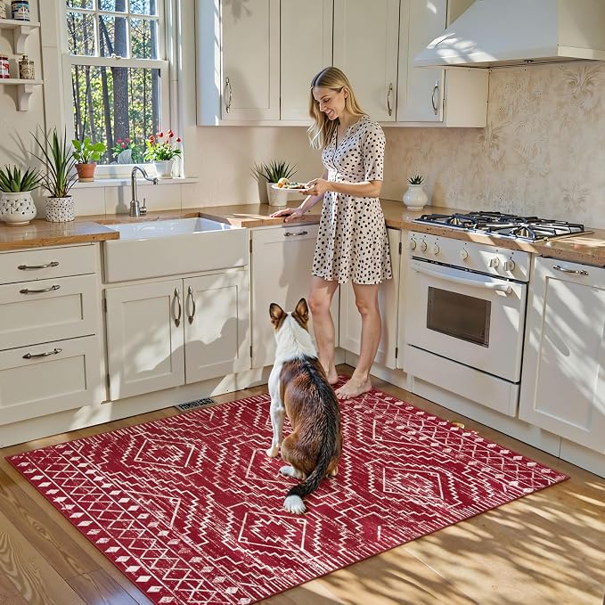 Wonnitar Moroccan Washable 3x5 Rug for Living Room, Non-Slip Chrisrmas Rug for Entryway, Low Pile Soft Farmhouse Area Rug for Bedroom Entry Kitchen Basement (Red,3'x5')