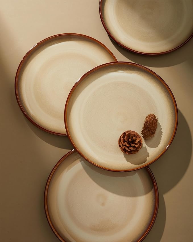 Pokini Ceramic Dishes Set for 8, 24 Piece Stoneware Dinnerware Sets, Chip and Scratch Resistant, Easy to Stack & Clean, Modern Rustic Look, Brown Yellow