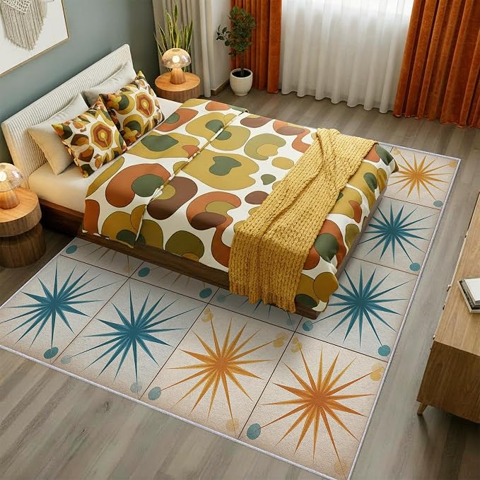 Starburst Rug Square 8x8 Mid Century Atomic Checkboard Distressed Pattern Area Rugs for Living Room, Bedroom, Starburst Home Decor Accessories Indoor Carpet, Non Slip & Machine Washable