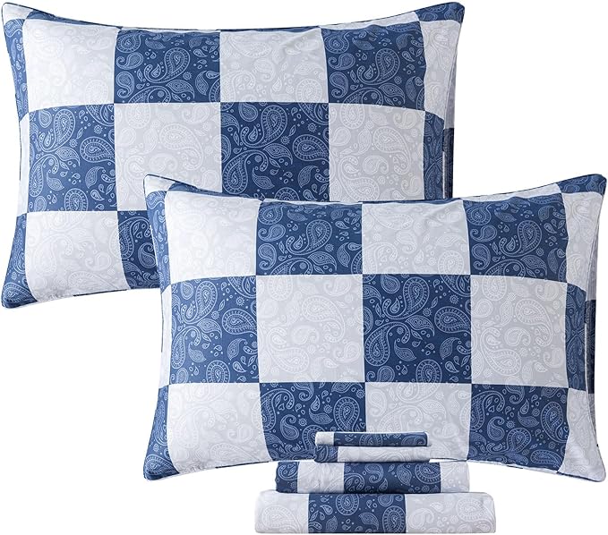FADFAY Paisley Twin Extro Long Size Plaid Navy Blue Sheets 100% Cotton Geometric Checker Bedding Teens Grid Grey Gingham Pattern College Bedding Deep Pocket Sheets with 2 Pillowcases Ultra Soft 4pcs