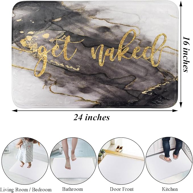 LB Black and Gold Marble Bathroom Rug Funny Quote Get Naked Non Slip Bath Mat Abstract Geometric Art Doormat Memory Foam Super Absorbent Floor Mats,24x16 Inch
