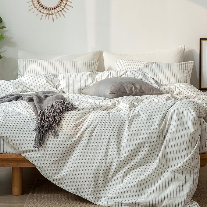 MooMee Striped Duvet Cover Set 100% Washed Cotton Linen Like Textured Breathable Durable Soft Comfy (White Dark Grey Wide Stripes, Oversized Queen 98"x98")