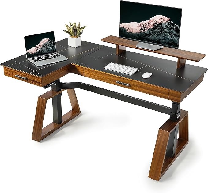 EUREKA ERGONOMIC Electric Standing Desk with Dual Drawers,63 Inches Height Adjustable L-Shaped Office Desk,Sit Stand Desk Executive Desk Computer Workstations with Monitor Stand,Left/Black
