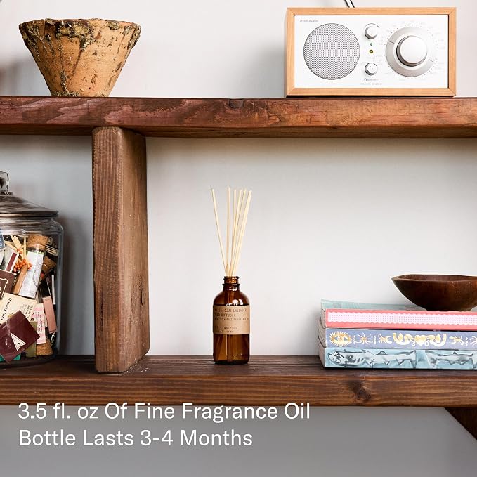 P.F. Candle Co. Ojai Lavender Classic Scented Rattan Reed Diffuser (3.5 fl oz) Amber Glass Jar, Fine Fragrance Oil, Flame-Free Fragrance, Made in The U.S.A.