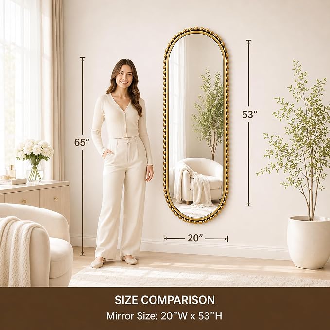 20"x53" Long Oval Full Length Wall Mounted Mirror, Antique Gold Beaded Metal Frame Large Decorative Wall Mirror, Vertical or Horizontal Hanging Tall Entryway Bedroom Living Room