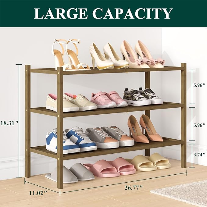 Smiry Bamboo Shoe Rack, 3 Tier Shoe Organizer for Entryway & Closet, Stackable Free Standing Storage Shelf for Shoes, Bags & Plants, Walnut