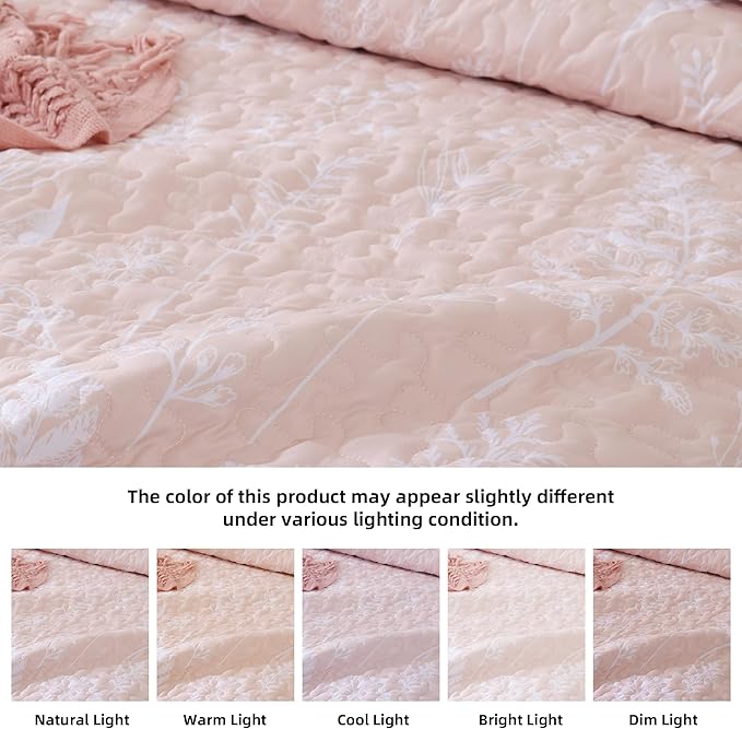 JANZAA Quilts Queen Size Blush Quilt Botanical with Floral Pattern Microfiber Bedspreads Queen Size 3 Pieces Lightweight Comforter Reversible Bedding Set with 2 Pillow Cases