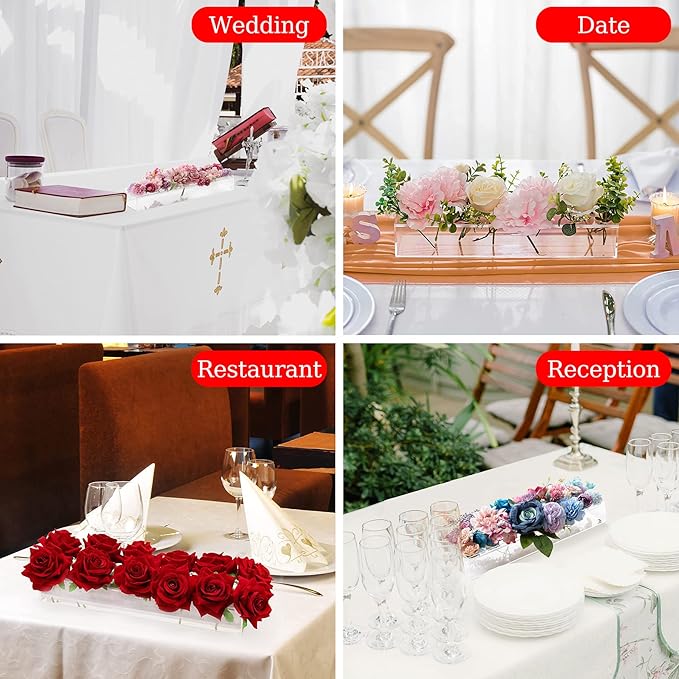 4Pcs Acrylic Flower Vase with 12Holes Clear Acrylic Modern Vases Rectangular Floral Centerpiece for Dining Table Low Decoration Vase for Christmas Party Decorations (Clear（4pcs Total 48‘’ 120cm）)