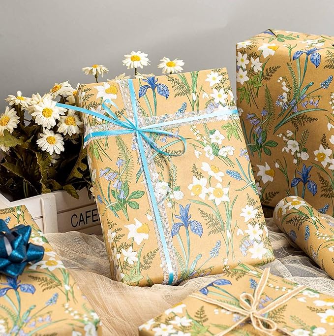 MAYPLUSS Kraft Floral Wrapping Paper - 17Inch x 16.5Feet - Elegant Meadow Gift Wrap Boho Garden Watercolor Flower Gift Wrapping Paper for Birthday, Wedding, Mothers Day, Bridal Shower, Engagement