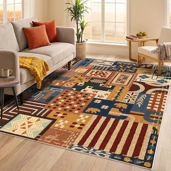 Southwestern Area Rugs for Living Room, 4x6 Boho Tribal Geometric Patchwork Colorful Carpet, Washable Non Slip Low Pile Indoor Rug for Bedroom Dining Room Office Home Hardwood Floor
