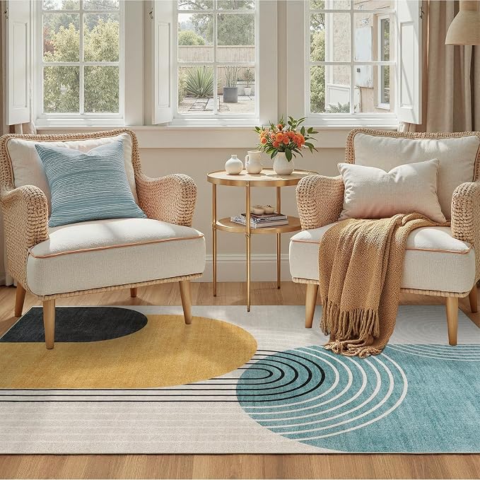 DCX Machine Washable Area Rug 4x6, Midcentury Modern Non Slip Stain Resistant Rug 4x6 for Living Room, Bedroom, Dining Room, Soft Low Pile Large Carpet, Blue & Yellow