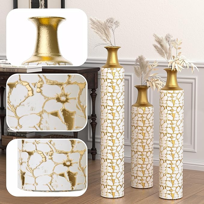 Metal Floor Vases Decorative, Set of 3 Flower Arrangement Stand, Metal Decorative Vase Tall Distressed Metallic Centerpiece Vases, 32", 28", 24" H (Antique White)