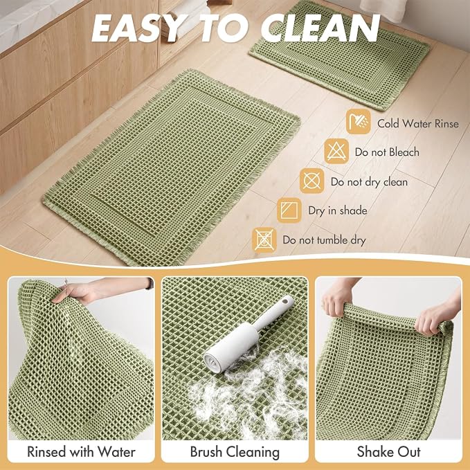 MIULEE Set of 2 Waffle Bathroom Rugs, Boho Bath Rug Super Absorbent, Non Slip Washable Ultra Soft Rubber Backed Shower Bath Mats for Floor, Tub, Shower, Looped Design, Sage Green, 18x30 Inch