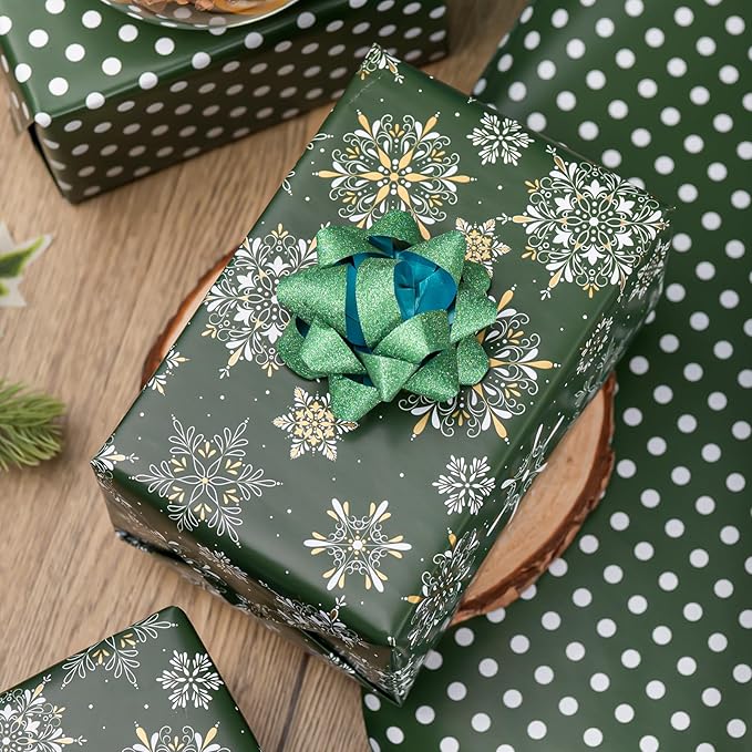 MAYPLUSS Christmas Wrapping Paper Roll - 17IN X 33FT - Green Gift Wrapping Paper Featuring Snowflake Against Dark Green Reversible Polka Dot for Kids, Holiday, New Year