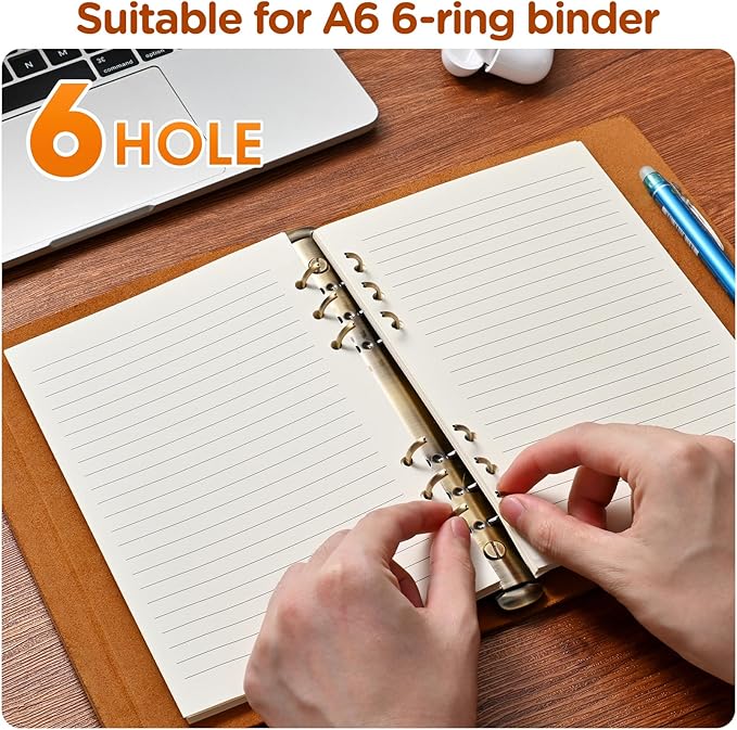 A6 6-Hole Lined Loose-Leaf Filler Paper – 80 Sheets, 100GSM, Beige Notebook Refill – Fits A6 6-Ring Binders for Office, Journaling, Planning, Notes. Double-sided writing supported
