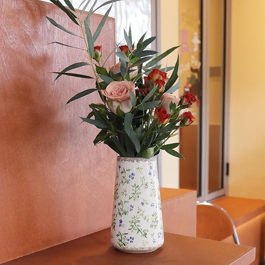 Vintage Ceramic Flower Vase with Floral Crackle Glaze, Rustic Farmhouse Decorative Vase for Home Décor, Table Centerpiece for Mother’s Day, Birthday, or Housewarming