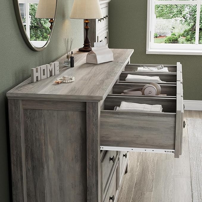 LGHM Dressers for Bedroom with 8 Drawers,54" Long Dresser Wood Legs, Modern Farmhouse Wood Chest of Drawers, Wide Dresser with Deep Drawers, Light Gray