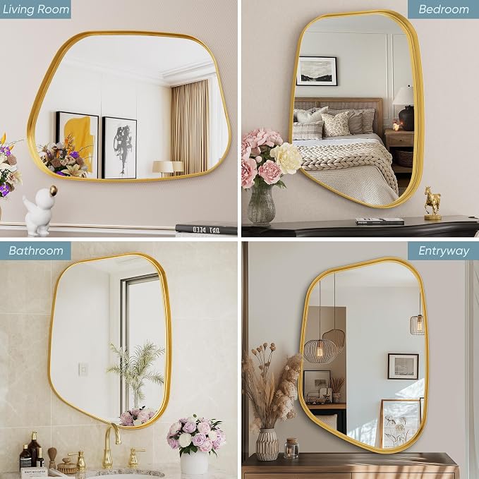 Irregular Wall Mirror 22"x30" Bathroom Mirrors Asymmetrical Artistic Decorative for Living Room Bedroom Bathroom Hallway Entryway,Trapezoid,Gold