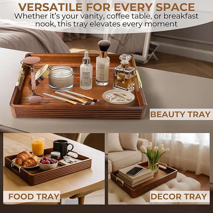 Acacia Wood Serving Tray with Metal Handles, 17x13in, Decorative Coffee Table Tray & Ottoman Tray, Anti-Slip Pads, Dark Wood Tray for Breakfast in Bed, Bar Tray, Gift Box