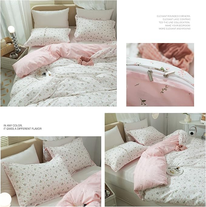 Floral Girls Duvet Cover Full Size 100% Cotton Pink Floral Duvet Cover Chic Garden Style Botanical Flower Bedding Set Lightweight Soft Aesthetic Floral Comforter Cover with 2 Pillowcases, No Comforter