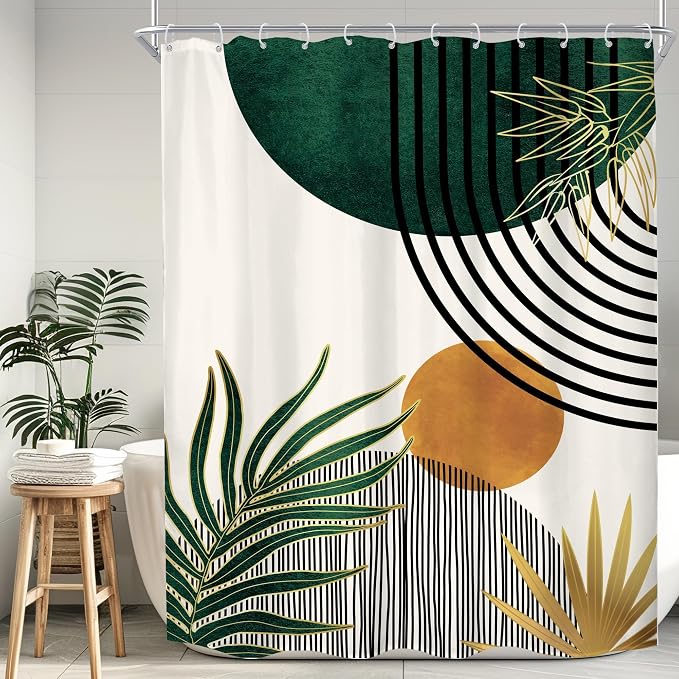 KOMLLEX Mid Century Green Boho Shower Curtain 54Wx78L Inches Abstract Modern Shower Curtains for Bathroom Decor Plant Botanical Minimalist Leaf Arch Sun Fabric Liner Waterproof Polyester 12 Pack Hooks