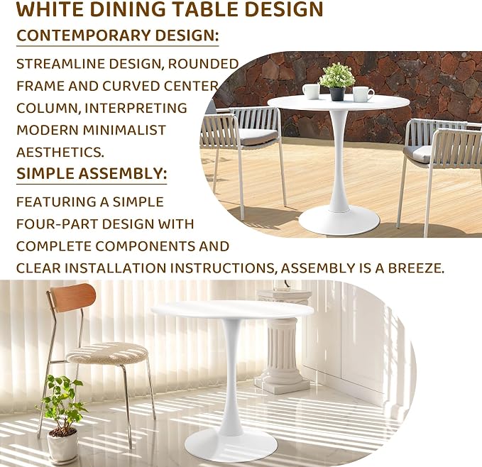 Round White Dining Table Modern Kitchen Table with Pedestal Base in Tulip Design, Mid-Century Leisure Table for 2 to 4 Person，for Kitchen, LivingRoom, Restaurant, Office, Cafe（31.49inches）