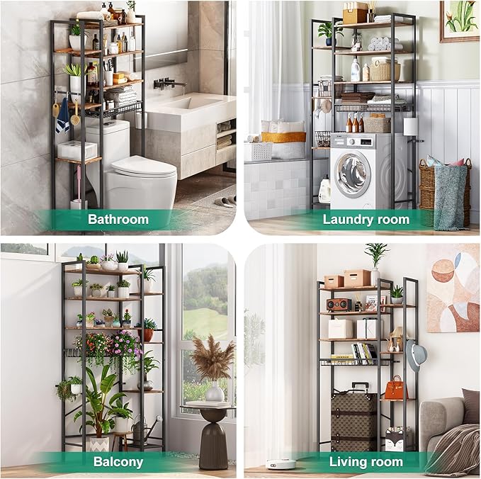 Kalrin 8-Tier Over The Toilet Storage with Side Rack, Over Toilet Storage Rack with Adjustable Shelf & Drain Basket, Freestanding Bathroom Organizer for Balcony, Laundry (Vintage Brown)