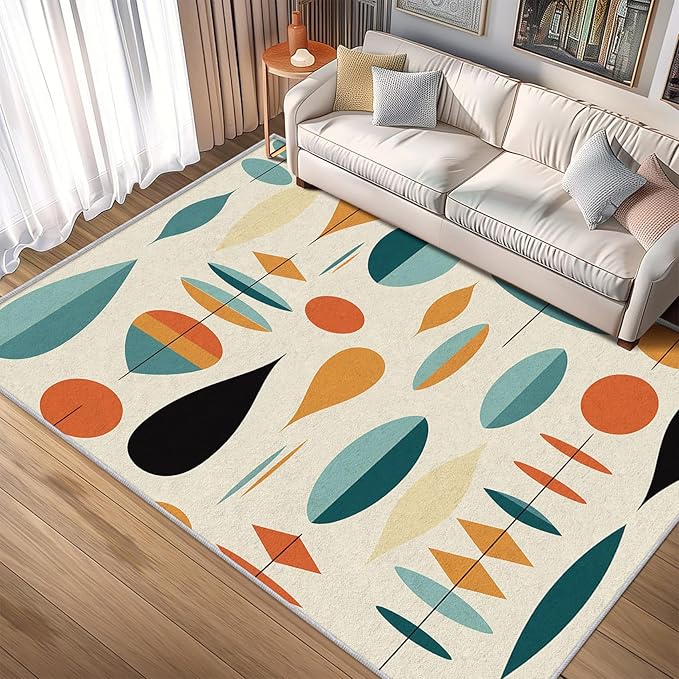 Mid Century Modern Rug 6x9, Washable Geometric Rugs for Living Room Bedroom, Retro Area Rug for Home Decor, Non Slip Backing Floor Carpet with Gripper - 6 x 9 ft