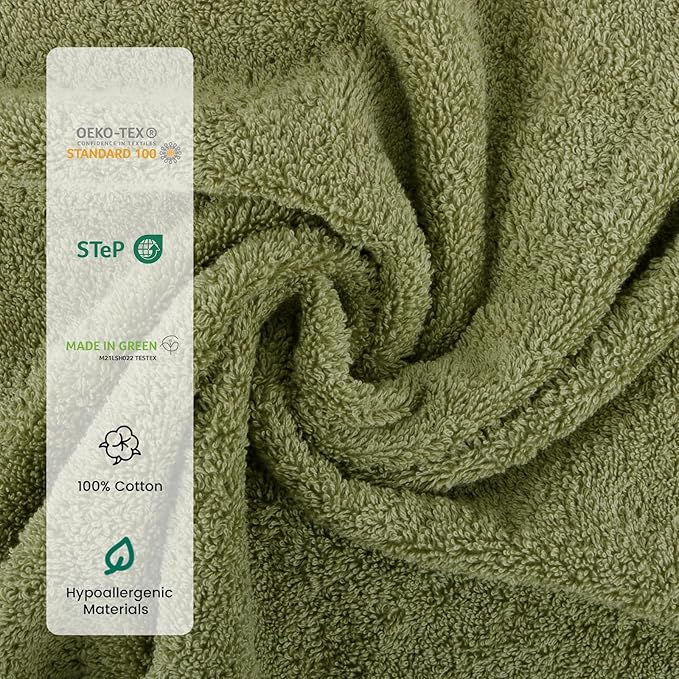 SEMAXE Bath Towel Set, 12 Piece Cotton Towel Set for Bathroom, More Towels for Family Use, Quick Dry with Hanging Loops, Easy Care, Green