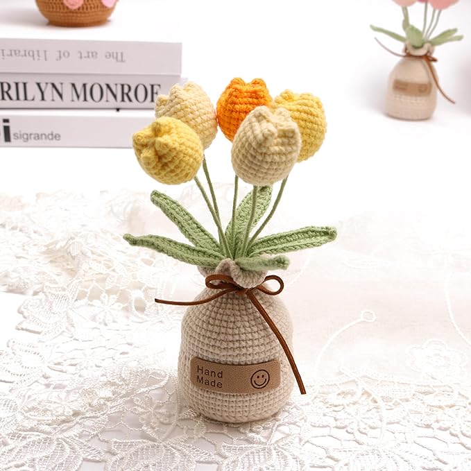 Handmade Tulips, Artificial Plant Crochet Flowers， Tulips Suitable for Home Room, Table, Office Ornaments and Birthday Gifts Suitable for Family and Friends Anniversary (5 Flowers-Yellow)