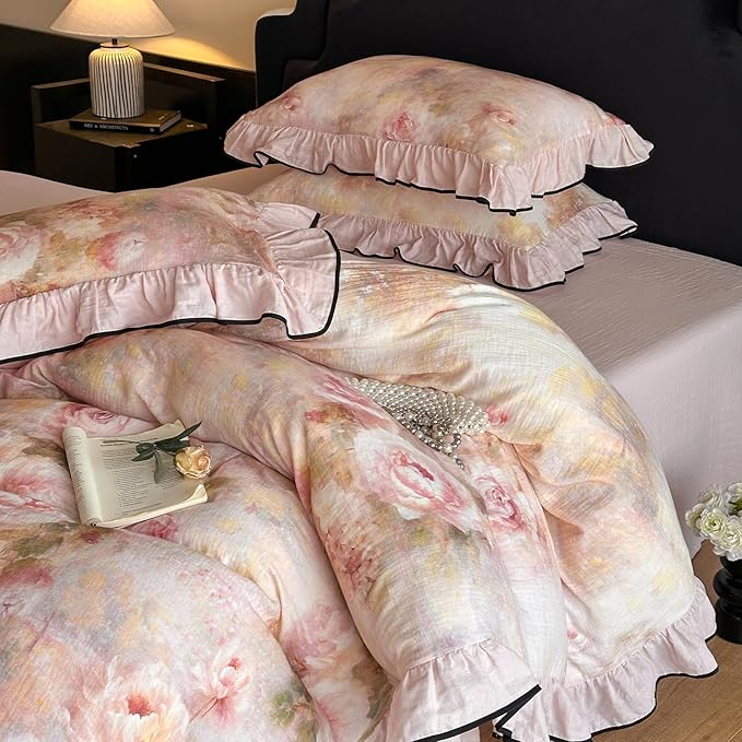 HighBuy Pink Floral Duvet Cover Twin XL Ruffle Lace Design,Premium Linen Cotton Yarn-Dyed Textured Coquette Rose Floral Comforter Cover Set for College,Farmhouse Bedding Set with 2 Pillowcases