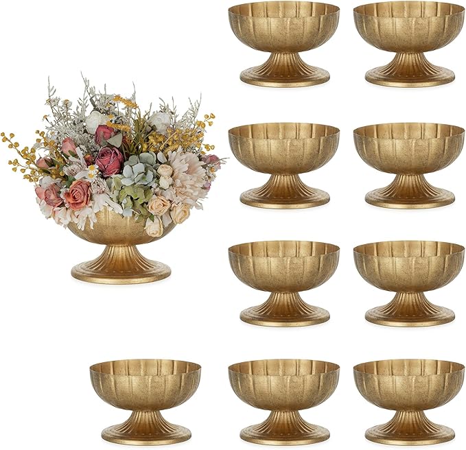 NUPTIO Distressed Gold Vases for Centerpieces: Rustic Brass Compote Vases for Flowers - Metal Pedestal Bowl Decor for Wedding Table Home Set of 10