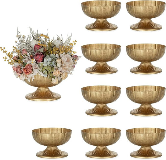 NUPTIO Distressed Gold Vases for Centerpieces: Rustic Brass Compote Vases for Flowers - Metal Pedestal Bowl Decor for Wedding Table Home Set of 10