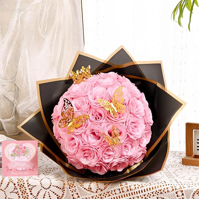 Waipfaru Pink Glitter Roses Bouquet, DIY Fake Flowers Bouquet, Everlasting Shiny Artificial Rose Bouquet for Valentine's Day, Anniversary, Engagement, Wedding, 24 Roses