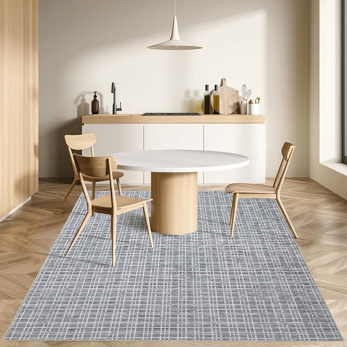 Washable Area Rugs 8x10 Rug for Living Room Modern Bedroom Rug Grid Large Area Rug Farmhouse Non Slip Throw Rugs Soft Low Pile Stain Resistant Carpet for Dining Room Classroom 8'x10' Grey