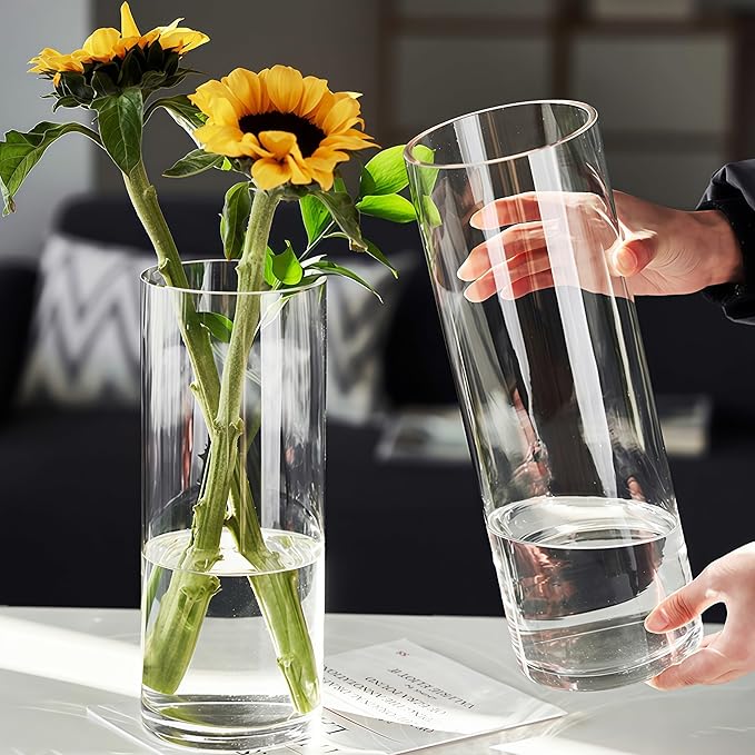 3 Acrylic Cylinder Clear Vase for Centerpieces, Tall Large Unbreakable Plastic Flower Vases for Home Decor (D 4.8" X H 7.8" - H 12" + 2 Holder)