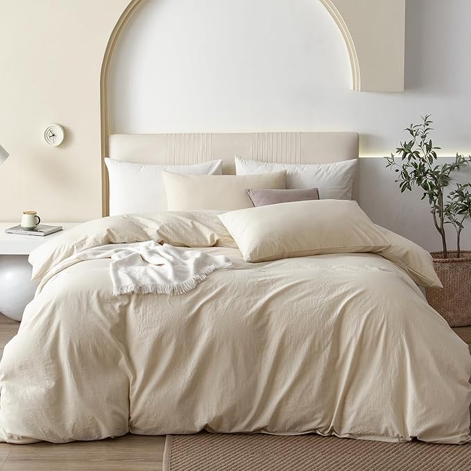 JIYUAN 100% Washed Cotton Duvet Cover Set 3 PCS Super King Plus, 1 Duvet Cover 120x120 Inches(Comforter Not Included) and 2 Pillowcases,Linen Feel Bedding Set Comfy and Breathable,Heathered Beige