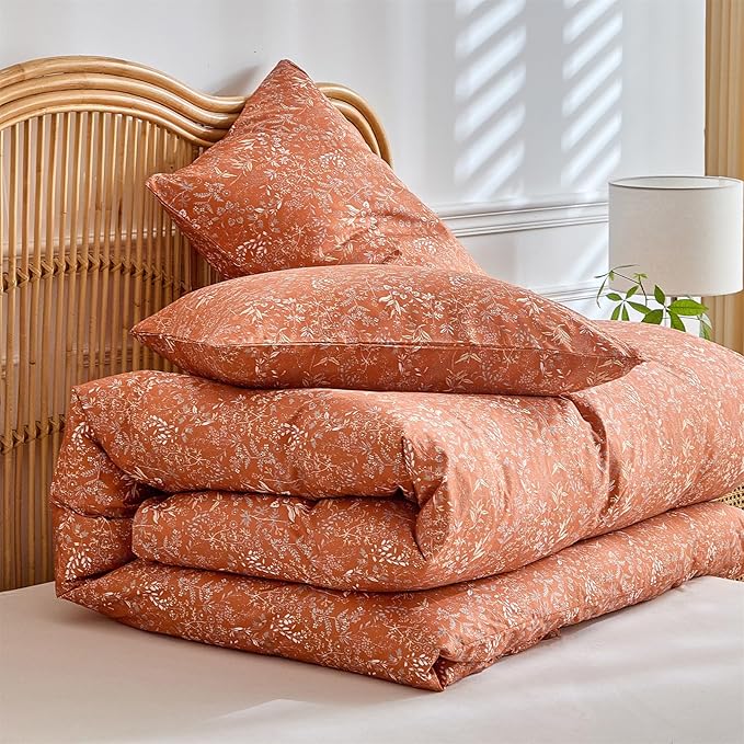 mixinni 3 Pieces Duvet Covers King Size, 100% Cotton Comforter Cover Wildflower Printed on Pumpkin Floral Bedding Set with Zipper Closure 4 Ties (1 Duvet Cover 104"x90", 2 Pillow Cases 20"x36")