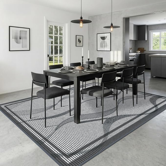 Merelax 6x9 Area Rugs for Living Room - Washable Non-Slip Large Bedroom Rug, Indoor Floor Carpet Low Pile Soft Farmhouse Rug for Dining Room, Mudroom, Modern Aesthetic Geometric Decor, Dark Grey