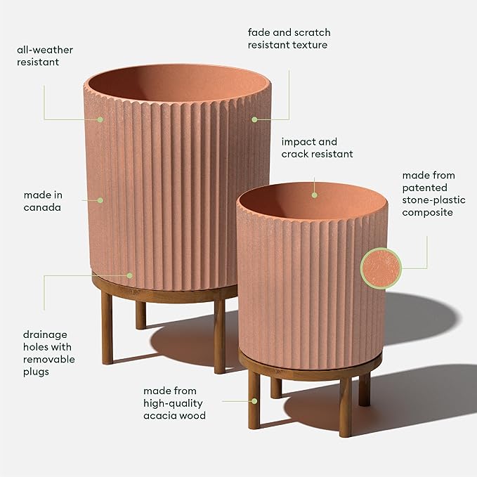 Veradek Demi Series Round Planter w/Stand for Porch/Patio | Durable Plastic-Stone Composite & Wooden Stand | Modern Décor for Tall Plants, Flowers