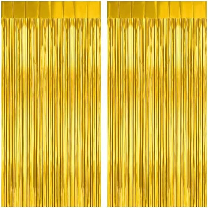 2 Pack Gold Fringe Curtain Backdrop, 3.2Ft x 8.2Ft Metallic Photo Booth Backdrop Tinsel Door Curtains for Birthday Baby Shower Anniversary Christmas New Year Eve Bachelorette Party Decorations