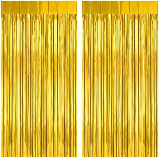 2 Pack Gold Fringe Curtain Backdrop, 3.2Ft x 8.2Ft Metallic Photo Booth Backdrop Tinsel Door Curtains for Birthday Baby Shower Anniversary Christmas New Year Eve Bachelorette Party Decorations