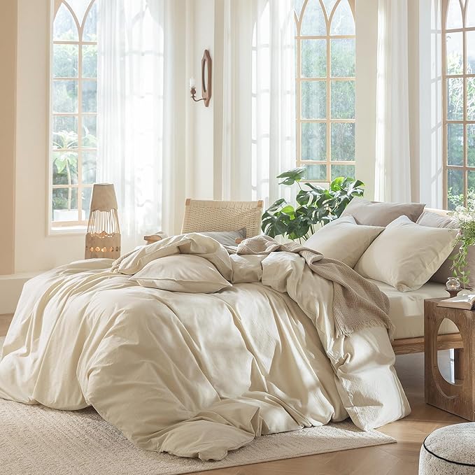MooMee Bedding Duvet Cover Set 100% Washed Cotton Linen Like Textured Breathable Durable Soft Comfy (Heathered Almond Milk Grey, Super King Plus 120"x120")