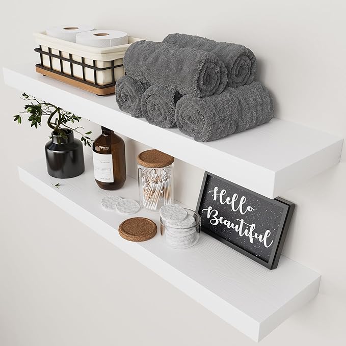 BAOBAB WORKSHOP Wood Floating Shelves for Wall 30 Inches Long, White Solid Wooden Bathroom Shelf Large, Heavy Duty Wall Shelf 30 Inch Kitchen Bedroom Thick, White Finish, 30W × 6.7D, Set of 2