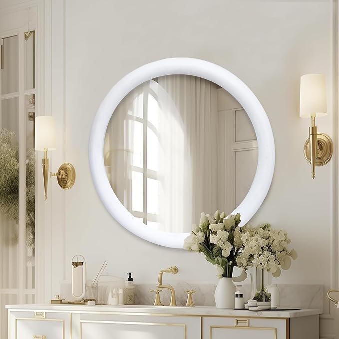 Wall Mirror,Solid Wood Frame Vanity Mirror, Farmhouse Decorative Wall Mirror for Bathroom, Bedroom, Living Room & Entryway, Vertical/Horizontal Hanging, 18x18" RND White Antique ,Wood & Glass