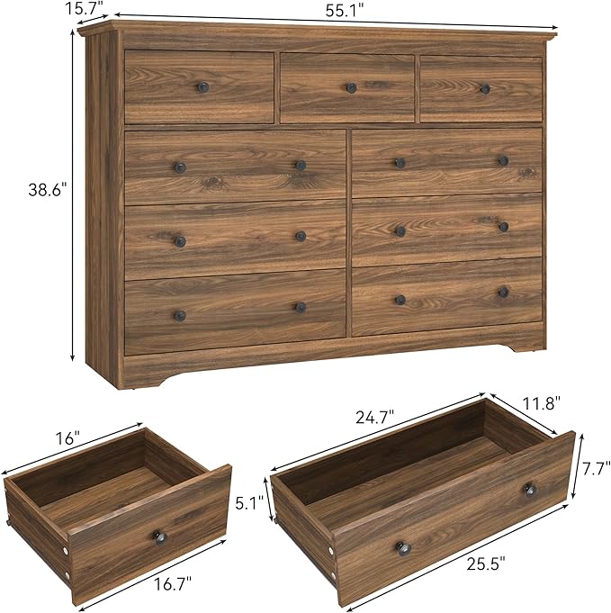Brown Dresser for Bedroom，55" Wide 9 Drawers Dressers,Modern Wooden Chest for Living Room, Hallway