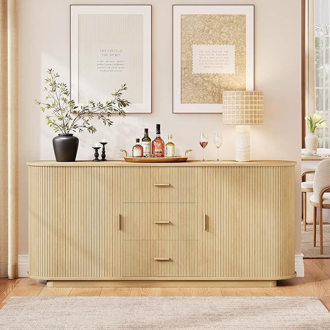 ONBRILL 63" Fluted Sideboard Buffet Cabinet with 3 Drawers & 2 Doors, Mid-Century Modern Buffet Sideboard Cabinet with Storage, Coffee Bar Table with Adjustable Shelf for Kitchen, Living Room, Oak